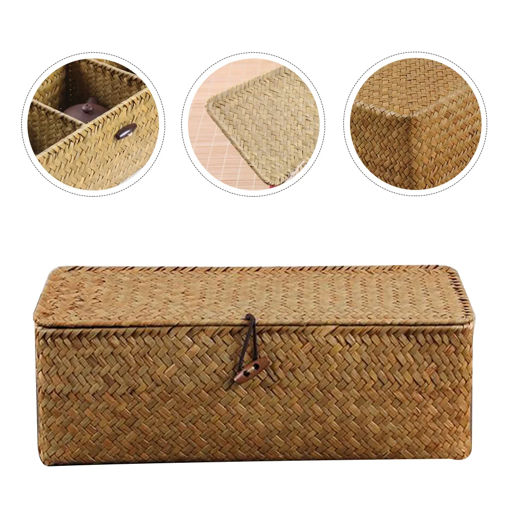 

Three Grids Straw Basket Lid Storage Hampers Rattan Decorative Cosmetics Holder Condiments Basket Woven Storage Home ganization