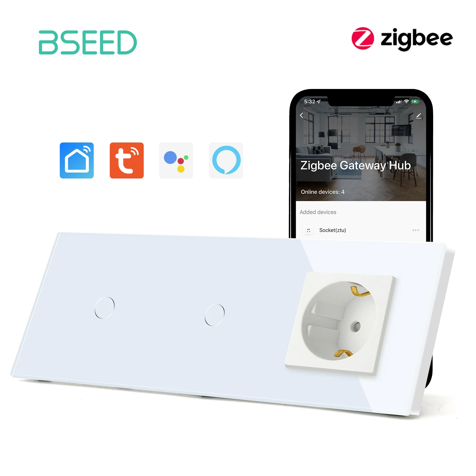 

BSEED Zigbee 2gang Touch Switches With EU Socket Double USB Type-c Ports Tuya Smart Life Alexa Control Glass Panel No Neutral