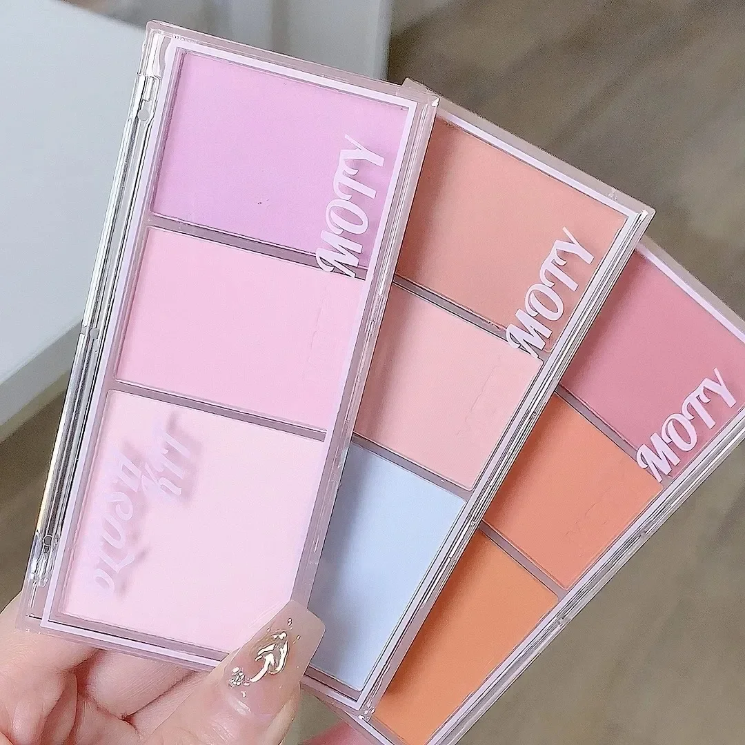 3 Colors Blush Palette - Pink Taro Purple Matte Waterproof Blusher Face Makeup with Mashed Potato Texture Highlight Powder