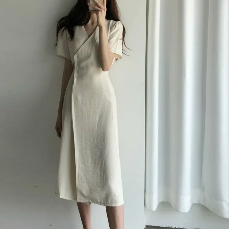 

Korean Fashion Elegant V-neck Short Sleeve Long Wraped Dress White Black Sashes Slim Waist A-line Solid Color Midi Dresses Women