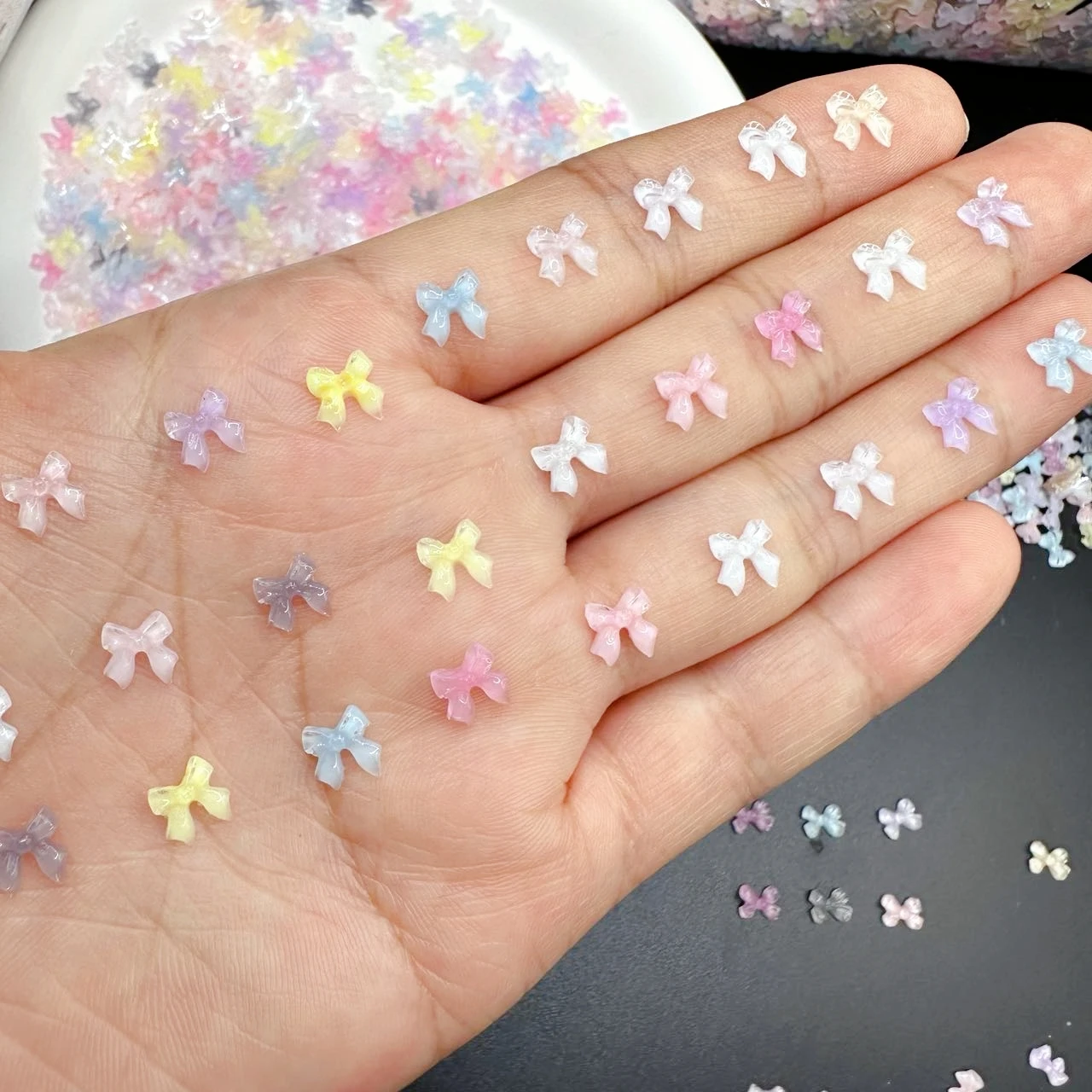 50pcs Transparent Bow Nail Art Parts Charms Bulk Shiny Mini Resin Ribbon Nail Rhinestones DIY Summer Nail Art Decor Accessories