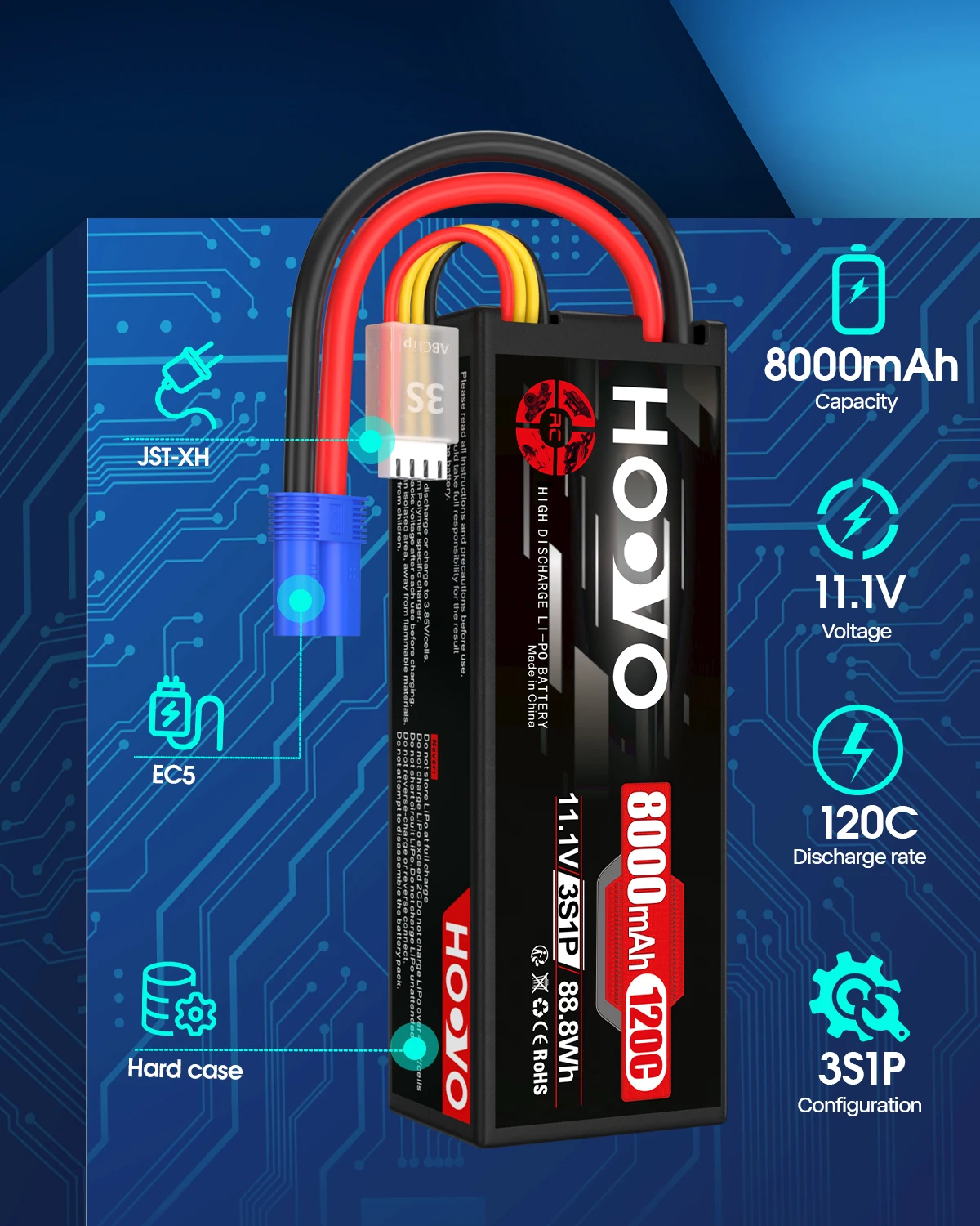 HOOVO 11.1 V 8000 mAh Lipo Battery 3S 120C Hard Case RC Battery Batteries with EC5 Connector Plug for RC Scale Helicopter Car