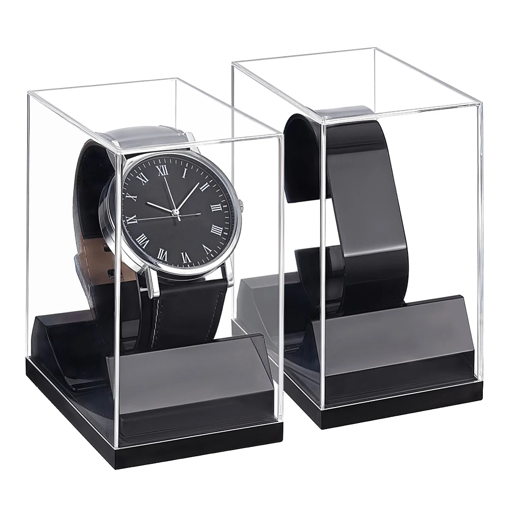 2 Pack Watch Display Box for Single Watch 2x3x3.5 inch Display Rack Transparent Plastic Case with Protection for Men