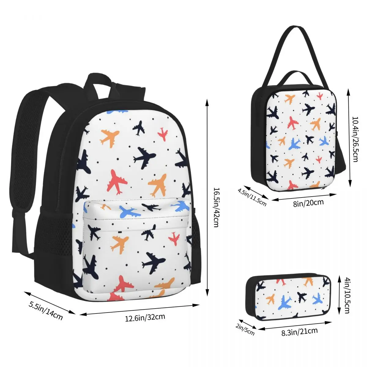 Random Airplanes Pattern Aviation Fighter Pilot Backpacks Kids Bookbag School Bags Rucksack Lunch Bag Pen Bag Three-Piece Set