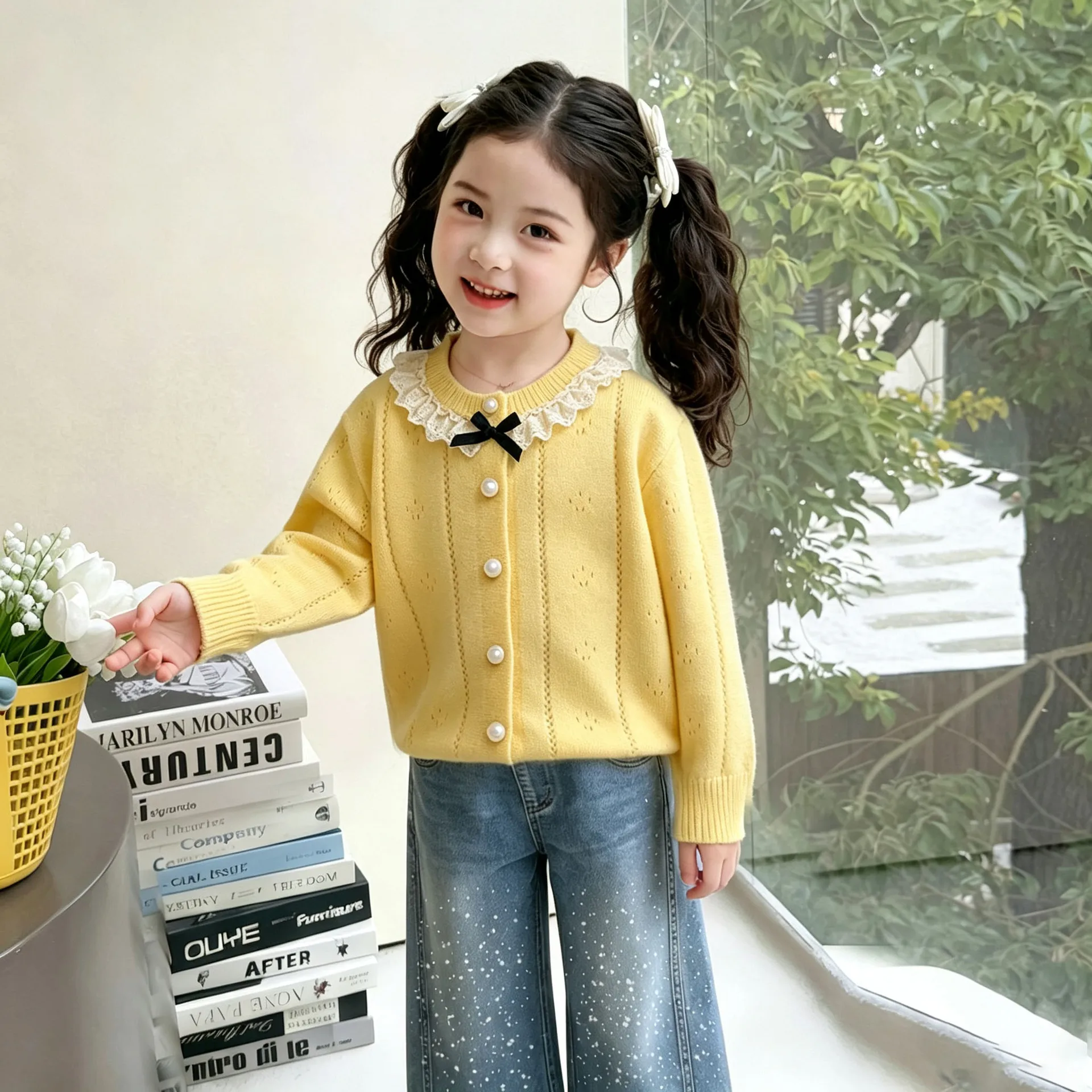Neues Frühlingsoutfit für Mädchen: Gestrickter Kinder-Cardigan mit Spitzenkragen für Babymädchen – Detail 1