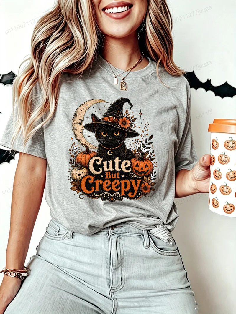 Women Halloween Black Cat Print T‑Shirt Retro Witch Hat Cat Moon Pumpkin Floral Graphic Tee Tops Halloween Party Female T‑shirt