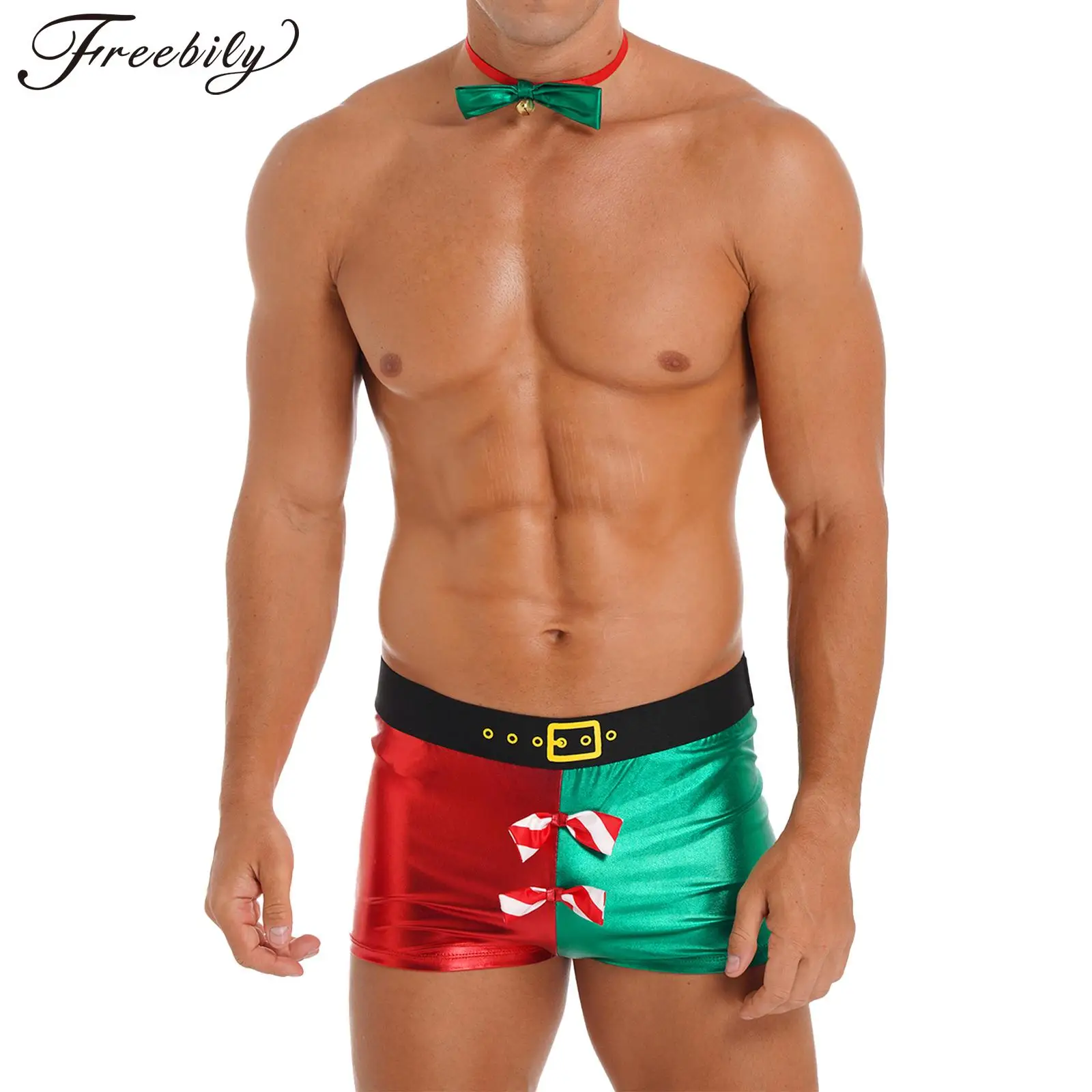 Mens Christmas Holiday babbo natale Fancy Dress Up Costume Metallic Shiny Low Rise Boxer Shorts intimo con papillon