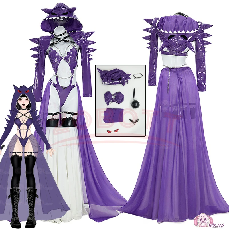 Anime Gengar Cosplay Ectoplasma Kostüm Pokemo Spiel Lila Leder Overall Jacke Halskette Socke Halloween Frauen Sexy Set