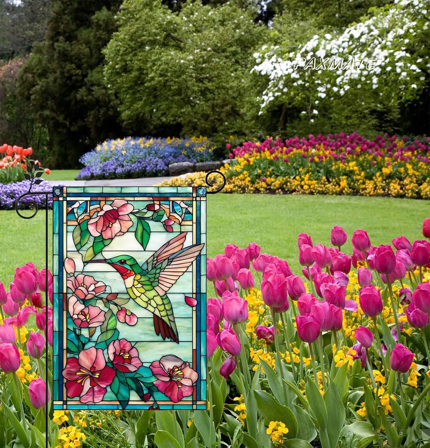Spring Summer Hummingbird Garden Flag 12x18 Double Sided, Stained Glass Style Bird Floral Yard Flag, Colorful Flower Outdoor AAS