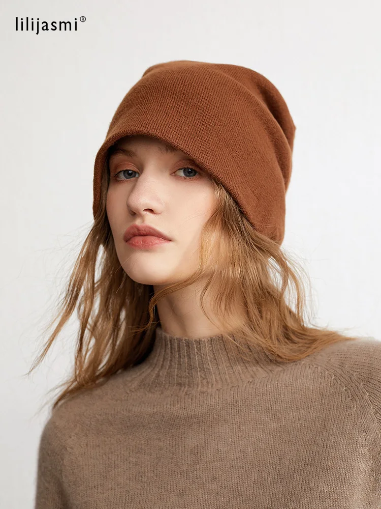 100% Cashmere Caps Simple Solid Hat Double Layers Soft Knit Hat Beanies Fall Winter Spring Warm Caps Skullies Women Bonnet Pure