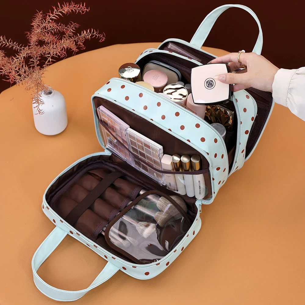 Gepunktete Kosmetiktasche mit großer Kapazität, wasserdichter PU-Reise-Toilettentaschen-Organizer, dreilagige Trennwand, Reise-Aufbewahrungstasche – Detail 8