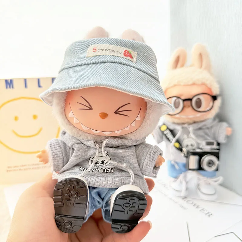 Labubu I II Dolls Clothes Cute Gray Hoodie Outfit with Hat Shoes Sitting Party Accessories Clothing Plush Doll'S Clothes