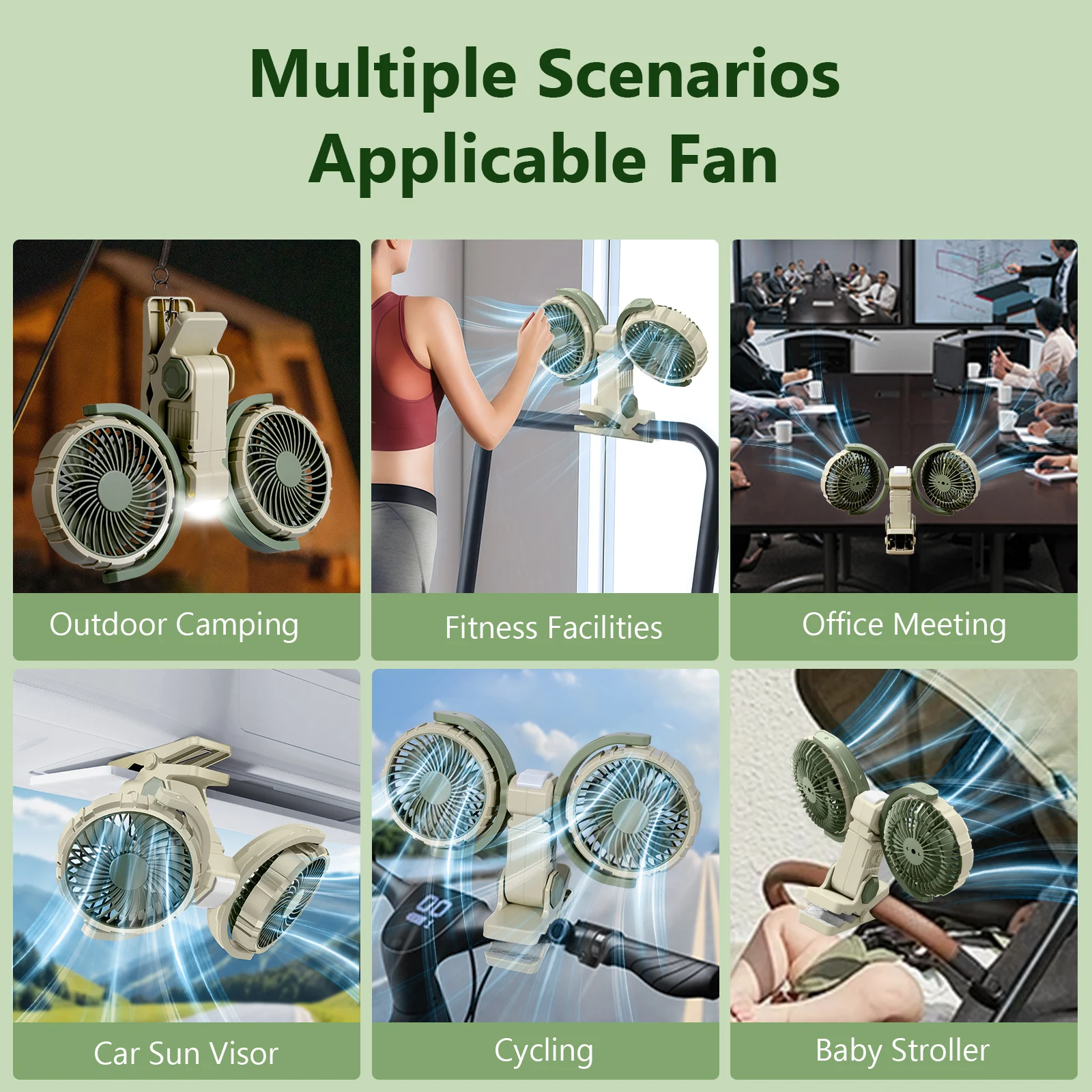Ventilatore con clip a doppia testa Eary Kitchen con batteria da 4000 mAh e vento a 3 velocità 360 °   Ventola di raffreddamento ad aria girevole a parete con luce a LED