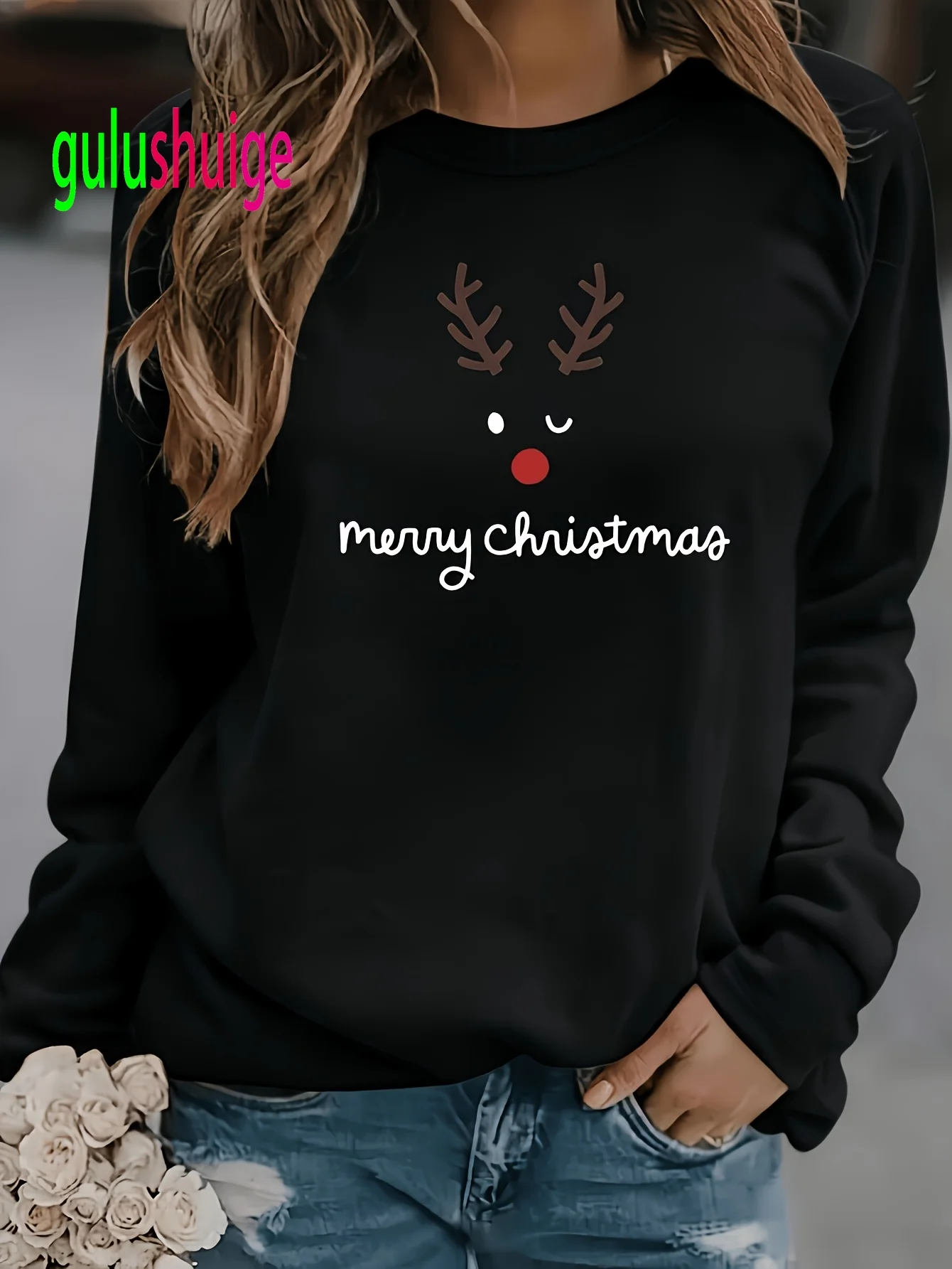 Women's Long Sleeve T-Shirt Merry Christmas Reindeer Face Print Crew Neck Casual Tops Fit Holiday Graphic for Daily Party Outfit