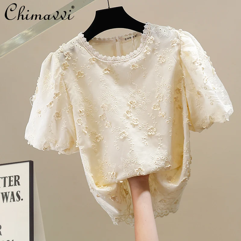 

Fashion Heavy 3D Flower Decoration Shirt Top for Women 2025 Summer New Sweet Bubble Short Sleeve Round Neck Elegant Shirt