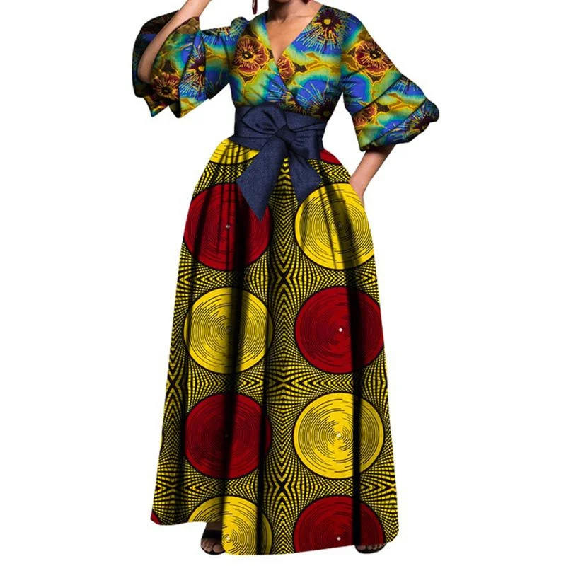 

On Sale African Print Maxi Dresses Dashiki V-neck Collar Party Dress Vestidos Plus Size 7XL African Clothes for Women Party Out