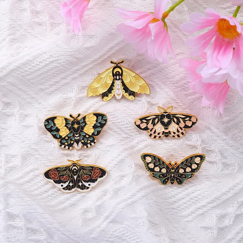 Floral Moth Butterfly Enamel Brooch Pins Cute Insect Lapel Pin Gothic Moon Star Badge Accessory On Backpack Clothing Ornament