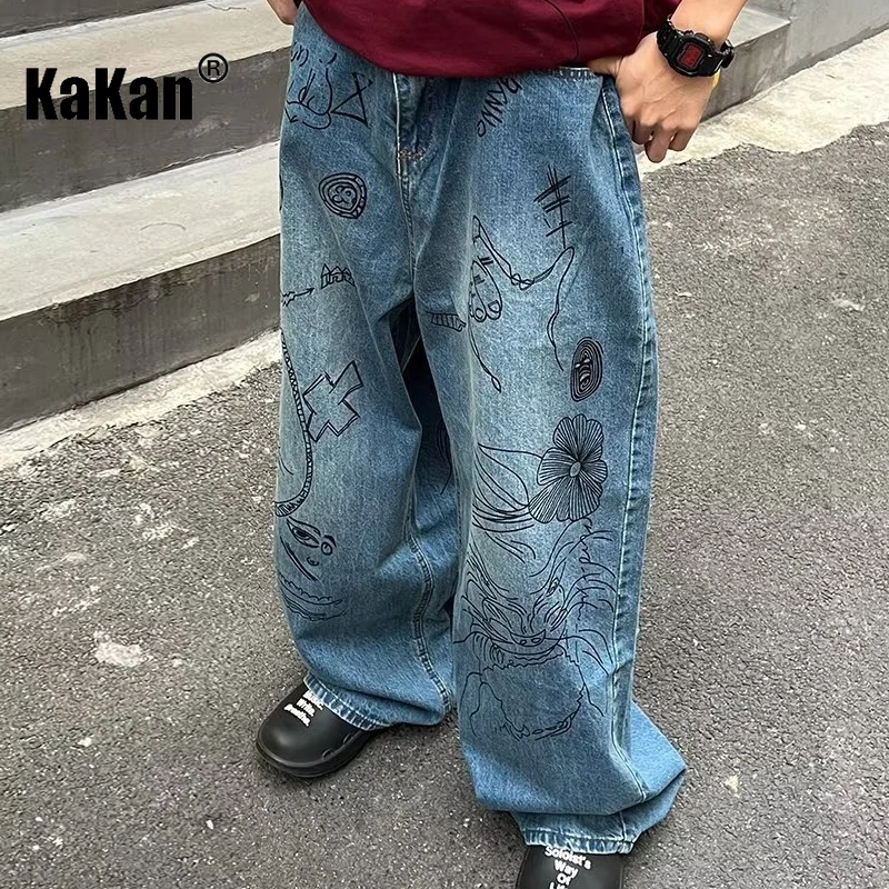 

Kakan - New Men's High Street Pique Handsome Jeans, Y2k Men's Pants Personalized Wide Leg Graffiti Long Jeans Jeans Man Brand