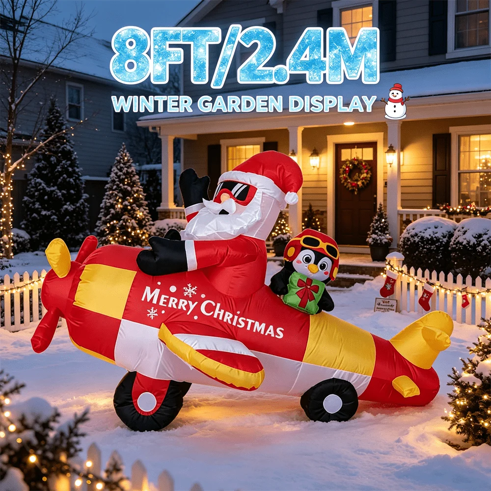 8FT Christmas Inflatable Toy LED Light Up Santa Flying Airplane with Penguin Inflatable Yard Decor Outdoor Lawn Xmas Decoration