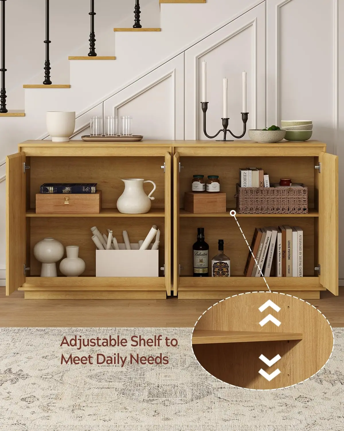 3 قطع خزانة بوفيه جانبية مع مساحة تخزين مع أرفف قابلة للتعديل وتصميم بدون مقبض مناسب للمطابخ والممر،