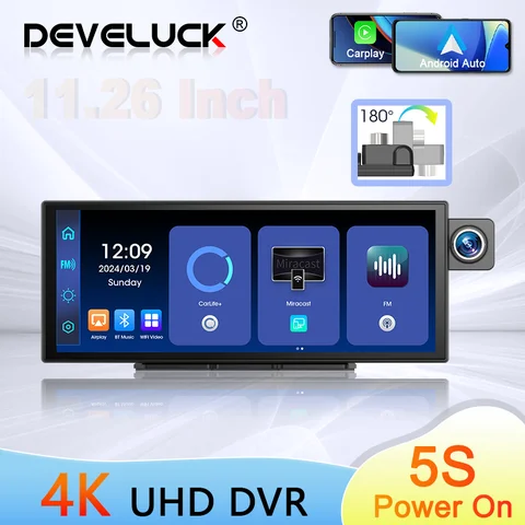Develuck 11.26인치 무선 CarPlay 안드로이드 오토 4K 자동차 DVR 대시캠 비디오 레코더 모니터 180° 렌즈 녹화 GPS 내비게이션