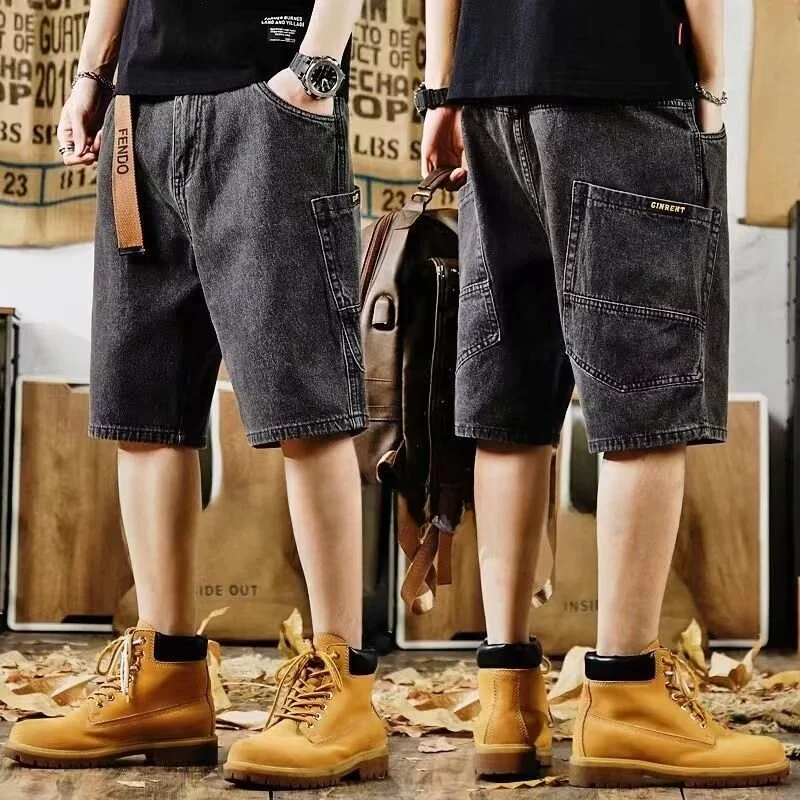 

Japanese Sle Heavyweight Distred Large kets Men's Denim orts Summer Versatile Wide Fit Workwear Five-quarter Straig...