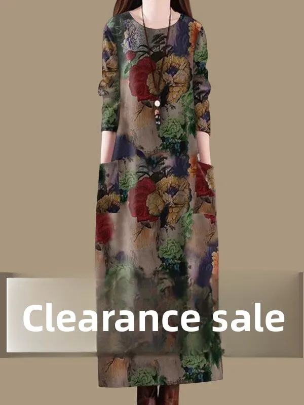 Ele floral impressão ket dr feminino primavera outono vintage solto redondo ne saia commute étnico sle midi a linha dr