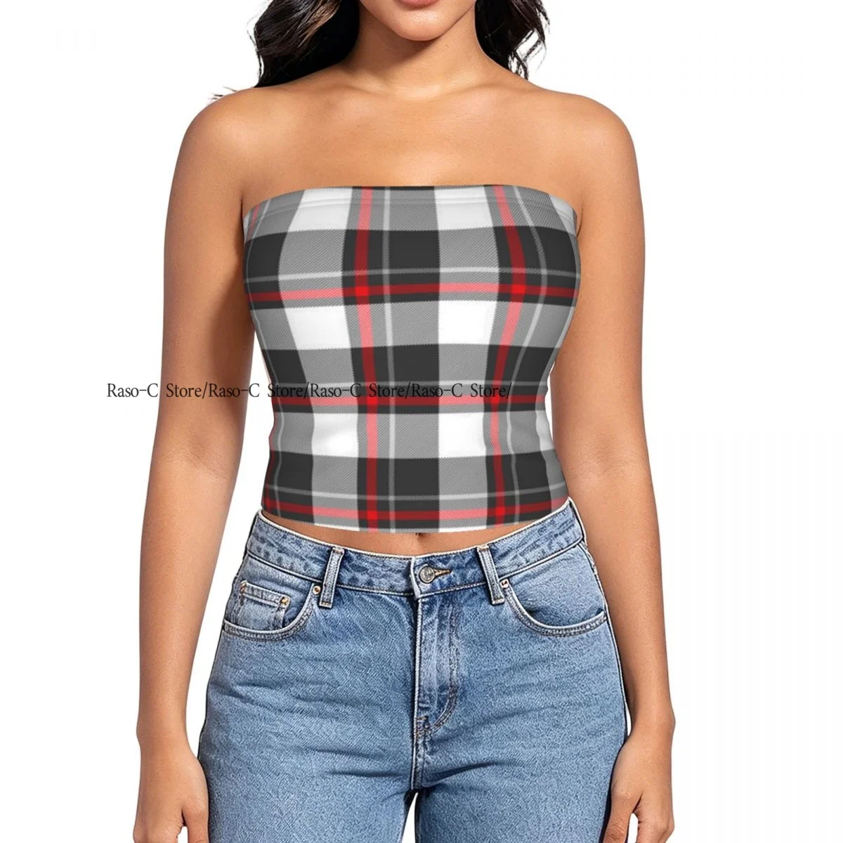 Women strapless blouses sleeveless Scottish Plaid Checkered Pattern halter-neck sexy short-sleeved blouses