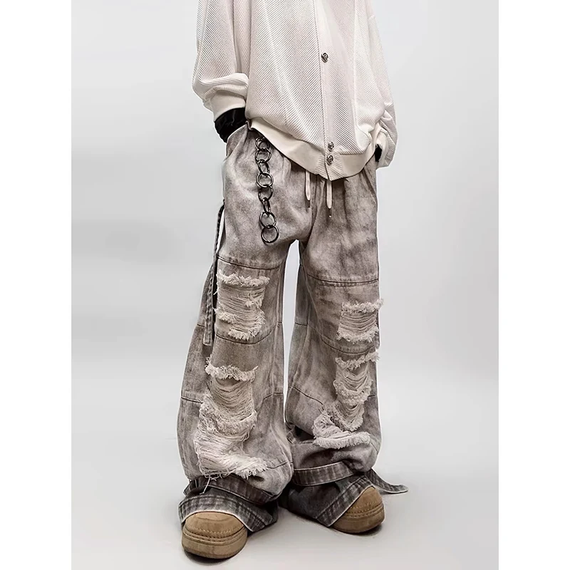 جينز رمادي ممزق عالي الخصر للرجال نمط الهيب هوب ملابس الشارع الشهير Y2K واسعة الساق جان 2000s بنطلون فضفاض من قماش الدنيم #4