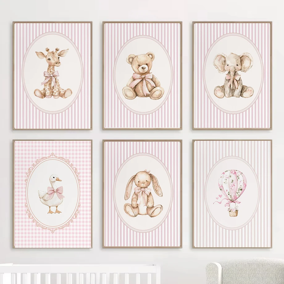1PC frameless decorative art print,1pc frameless canvas painting Pink Bow Bunny Bear Duck Giraffe Plane Hot Air Balloon Poster C