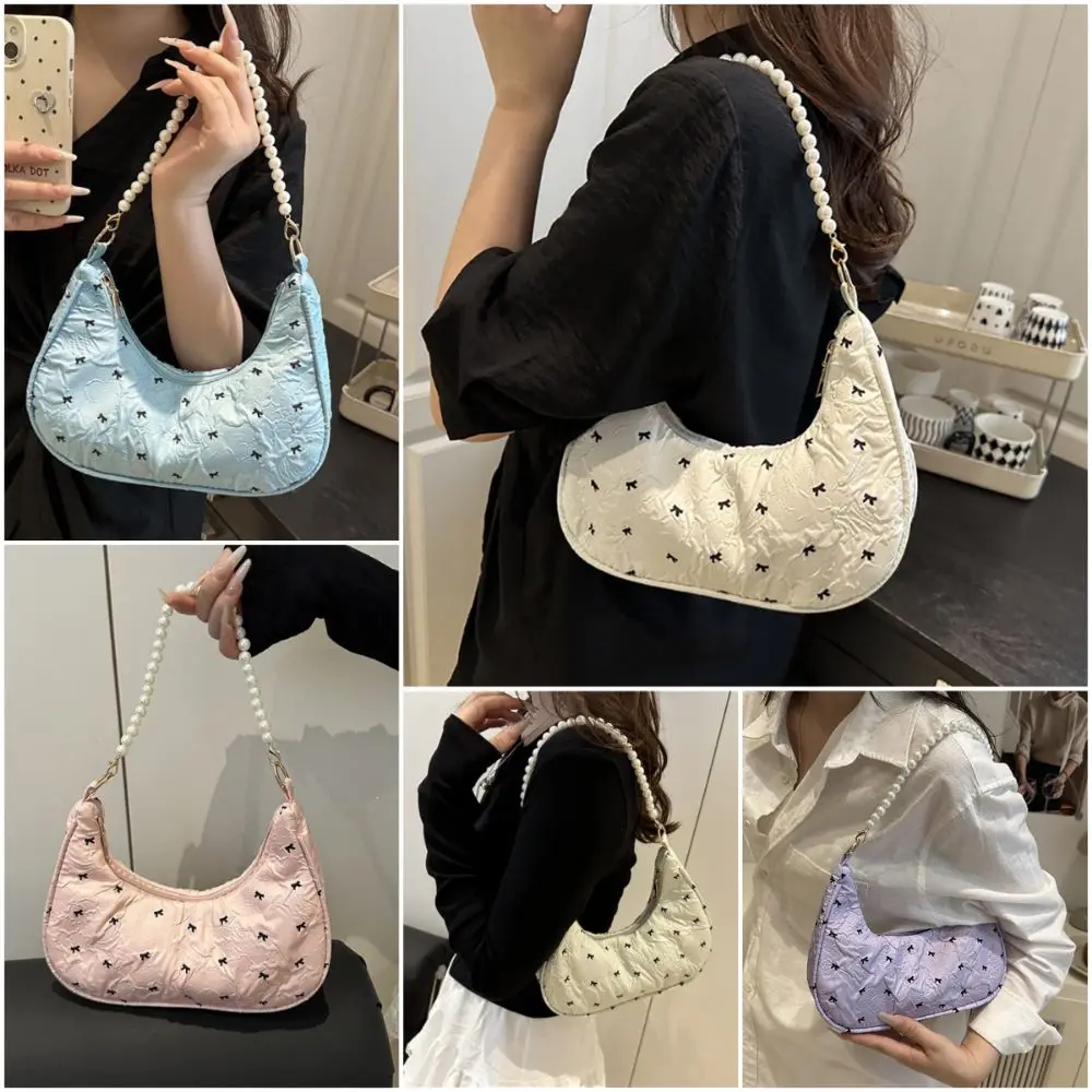 Versatile Multicolor One-shoulder Bag Bowknot Printed Beads Chain Tote Bag Large Capacity Zipper Clouse Underarm Bag For Women