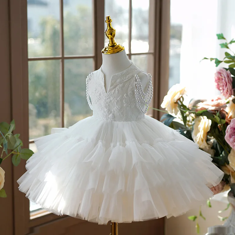 

Pearl Children's Princess Evening Gown Fashionable Flower Design Wedding Birthday Baptism Easter Eid Party Girls Dresses