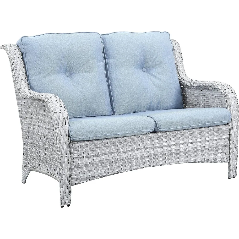 

Outdoor Loveseat Small Patio Furniture 2 Seater Wicker Sofa Couch Rattan Seating for Deck Porch Backyard Baby Blue Cushion