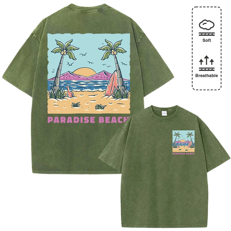 

Pardise Beach Coconut Tree Print Washed T Shirts Women Summer Loose T-Shirt Street Multicolor Tops Casual Cotton Female Clothes