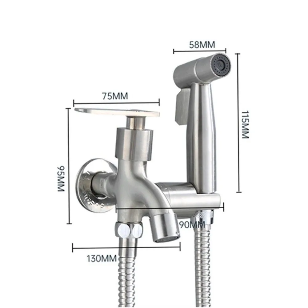 Stainless Steel Bidet Spray Unit Featuring 1 Inlet 2 Outlet Compatibility with Common Toilet Water Supply and Shut-Off Valves