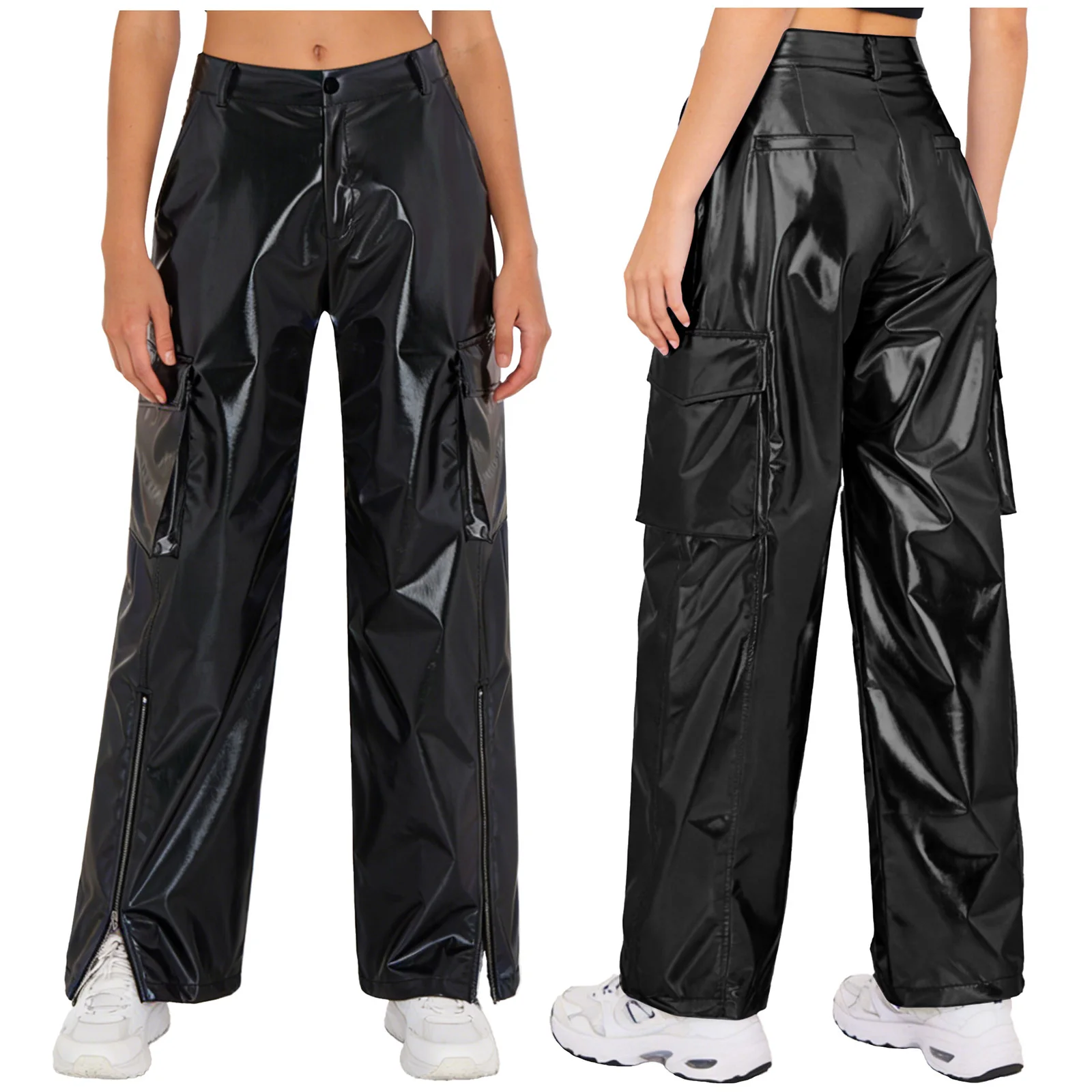 

Shiny Women Metallic Wide Legs Cargo Pants Trousers High Waist Straight Multi-pocket Pants for Disco Jazz Modern Street Dance