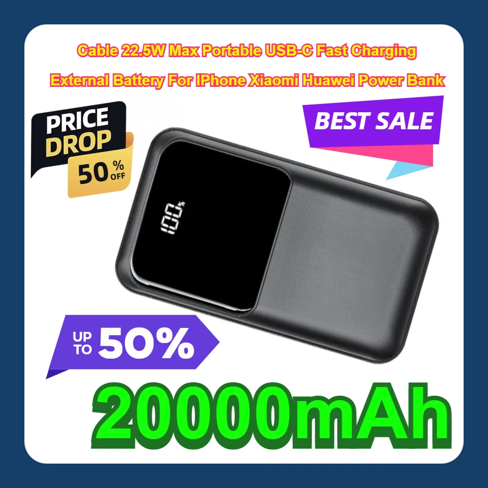

Cable 22.5W Max Portable USB-C Fast Charging External Battery For IPhone Xiaomi Huawei Power Bank 20000mAh