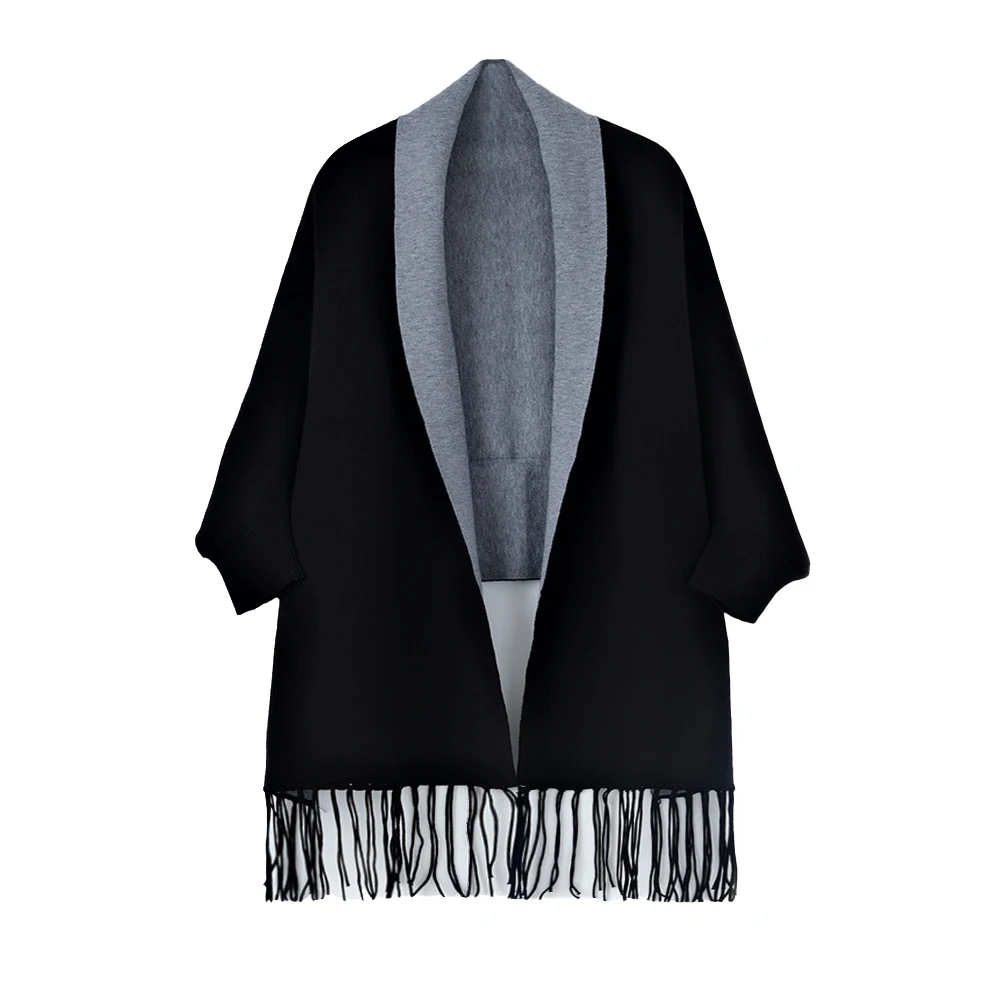 Women Ponchos With Sleeves Tassel Knitted Shawl Wrap Plus Size Cardigan Poncho Cape Open Front Long Winter Sweater Coat Mujer