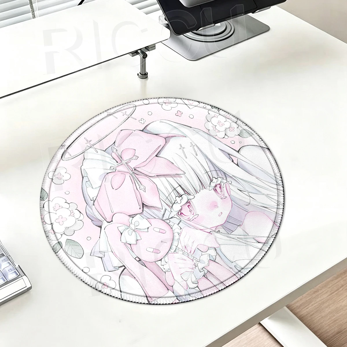 Anime Cute Angel Girls Mouse Pad Laptop Gaming Round Desk Mat PC Kawaii Gamer Cabinet Mousepad Keyboard Rug Pink Carpet Cupmat