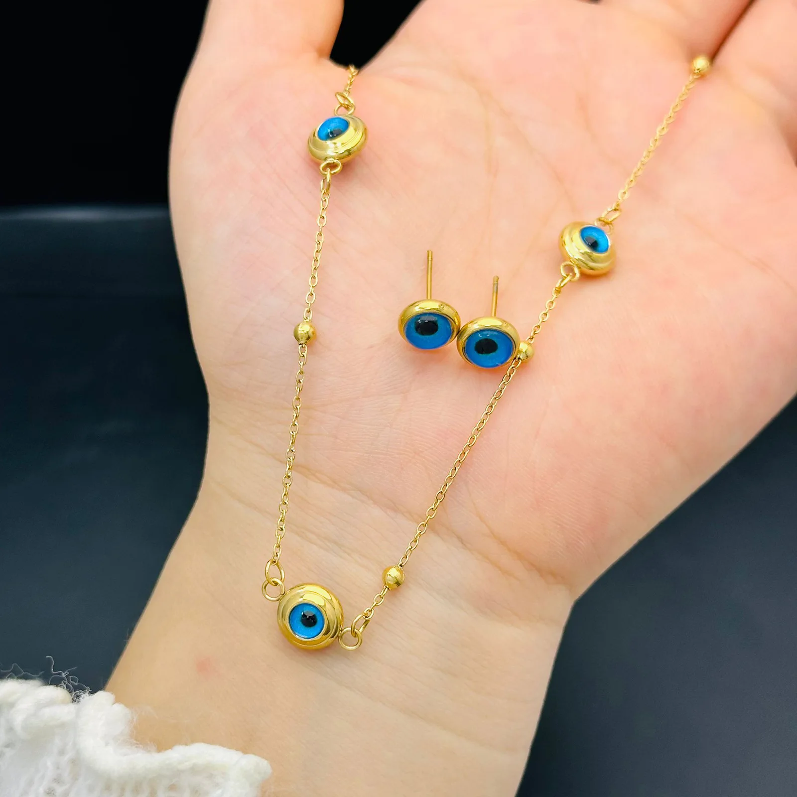 Gold Color Stainless Steel Evil Eye Necklaces Earrings For Women Fashion Minimalist Navy Eyeball Tennis Bracelet Jewelry Gifts