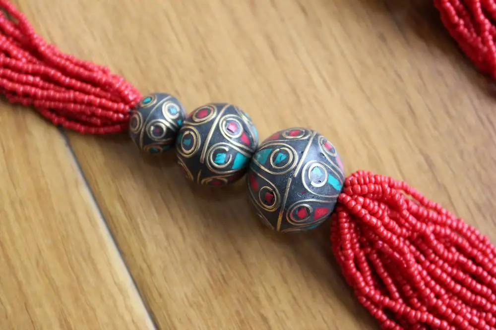 NK186 Ethnic Tibetan Jewelry 3 Big Round Beads Multi Rows Long Beaded Necklace For Woman