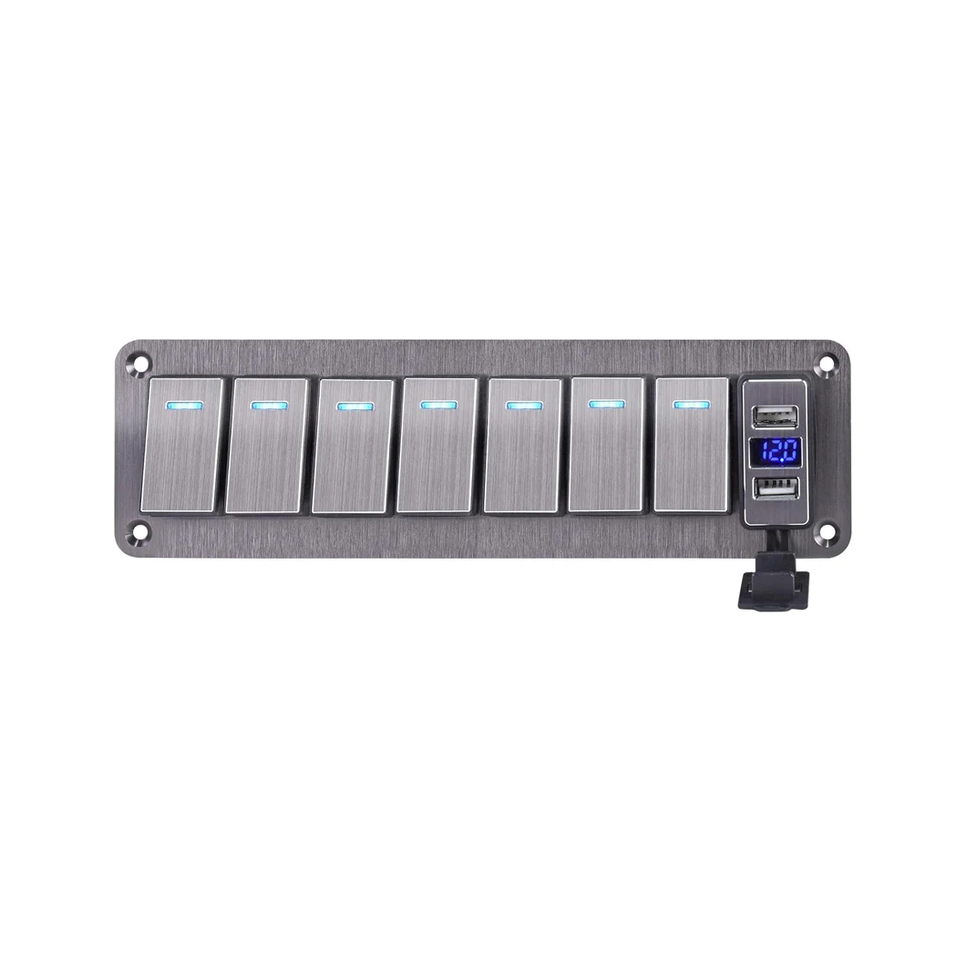 7 Gang Automotive Modificator Panel 12-24V ON-OFF Toggle Rocker Switch Panel with Dual USB Car Power Charger Metal switch Panel