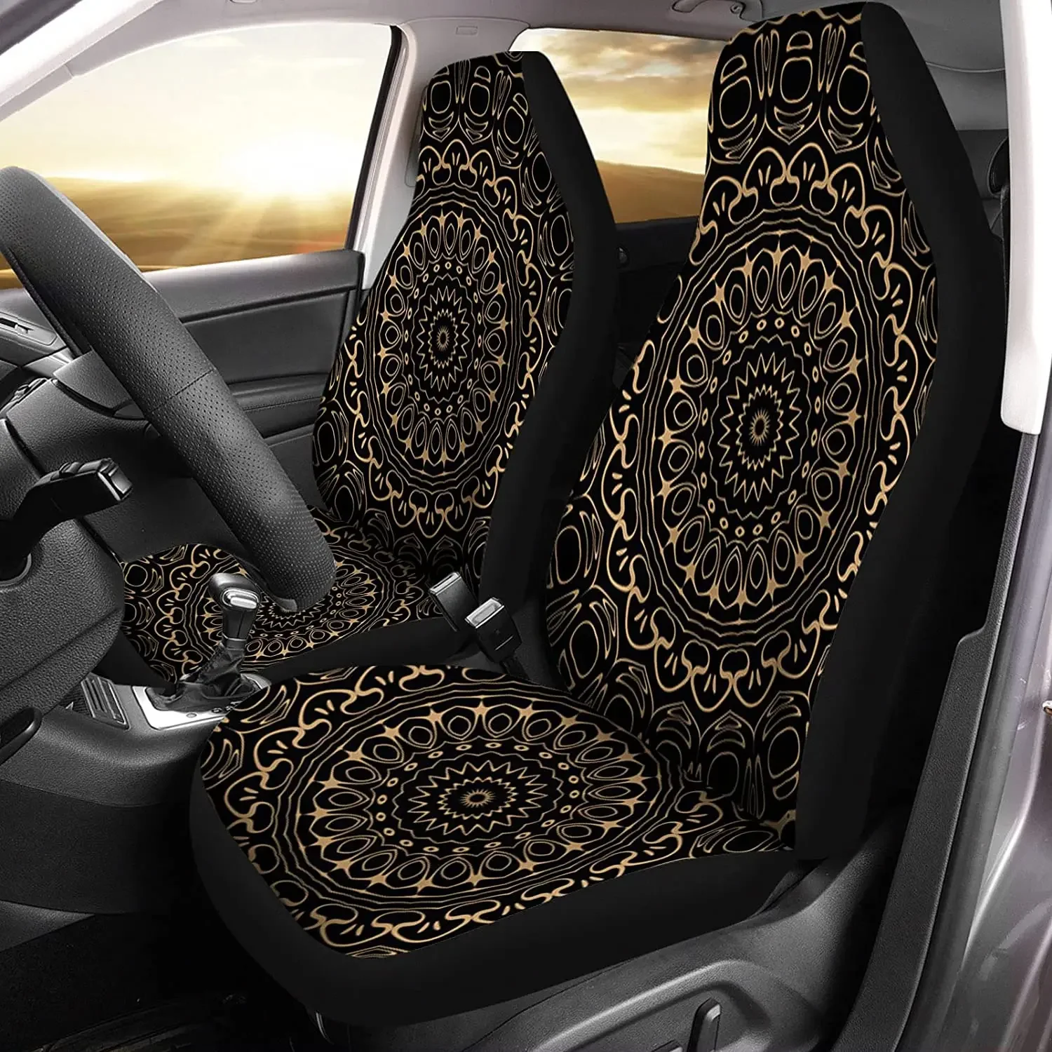 Set of 2 Car Seat Covers Auto Accessories Carseat Front Seats Fit Most Cars, SUV Sedan, Truck Mandala Gold Yoga Boho Magic