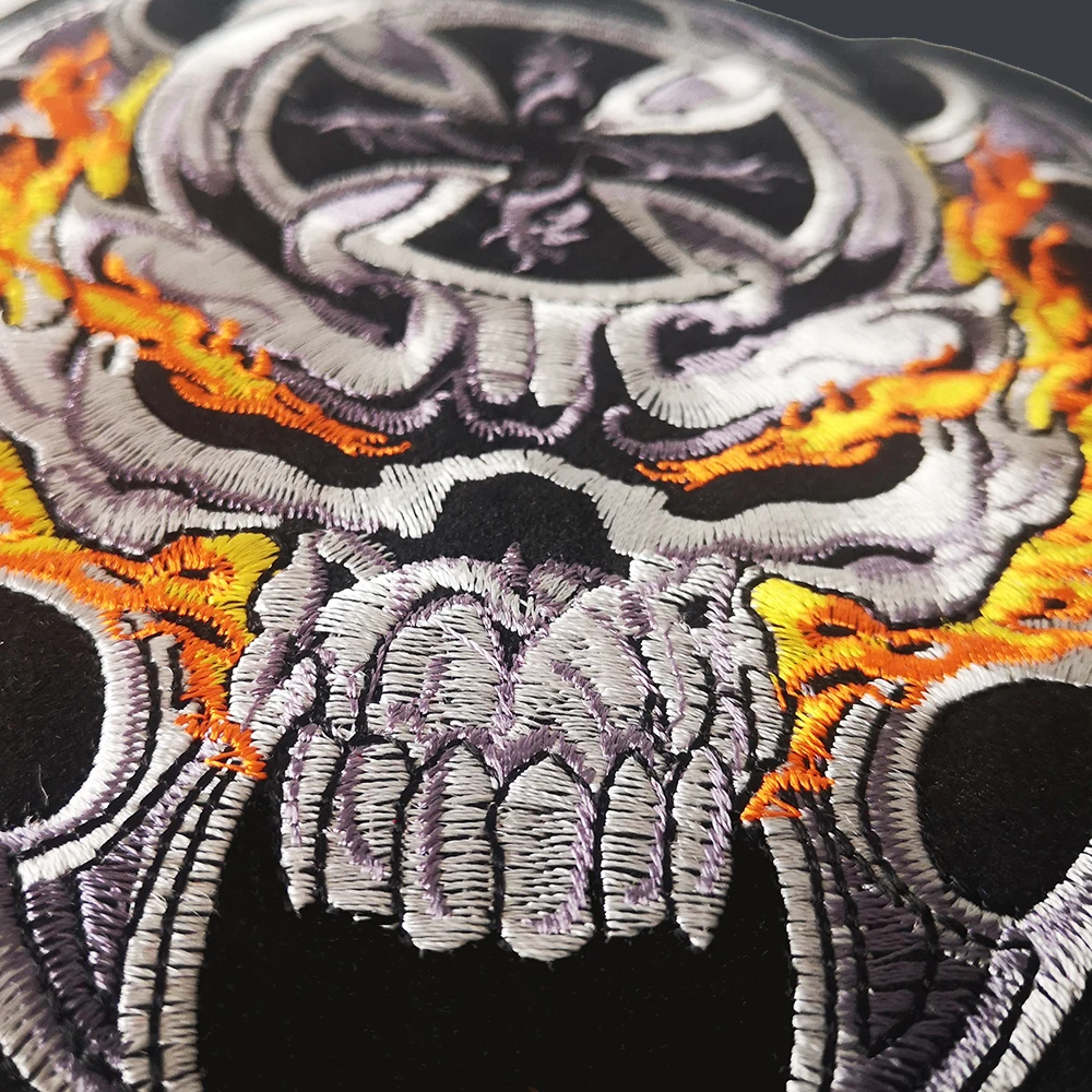 7.5\'\' inches Embroidery Patches Fire Skull Angry Flame Skeletonfor Jacket Back Vest Motorcycle Biker 17.8cm*19cm Needwork DIY