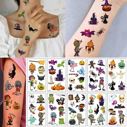 10pcs Cartoon Temporary Tattoo Stickers for Halloween Waterproof Funny Tattoos Stickers Pumpkin Ghost Fake Tattoo For Face Body