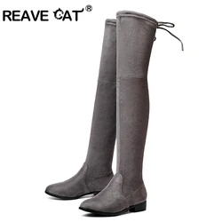 REAVE CAT Primavera Autunno scarpe Stivali da donna Stivali lunghi piatti stringati stivali Punta a punta Flock sopra il ginocchio A875