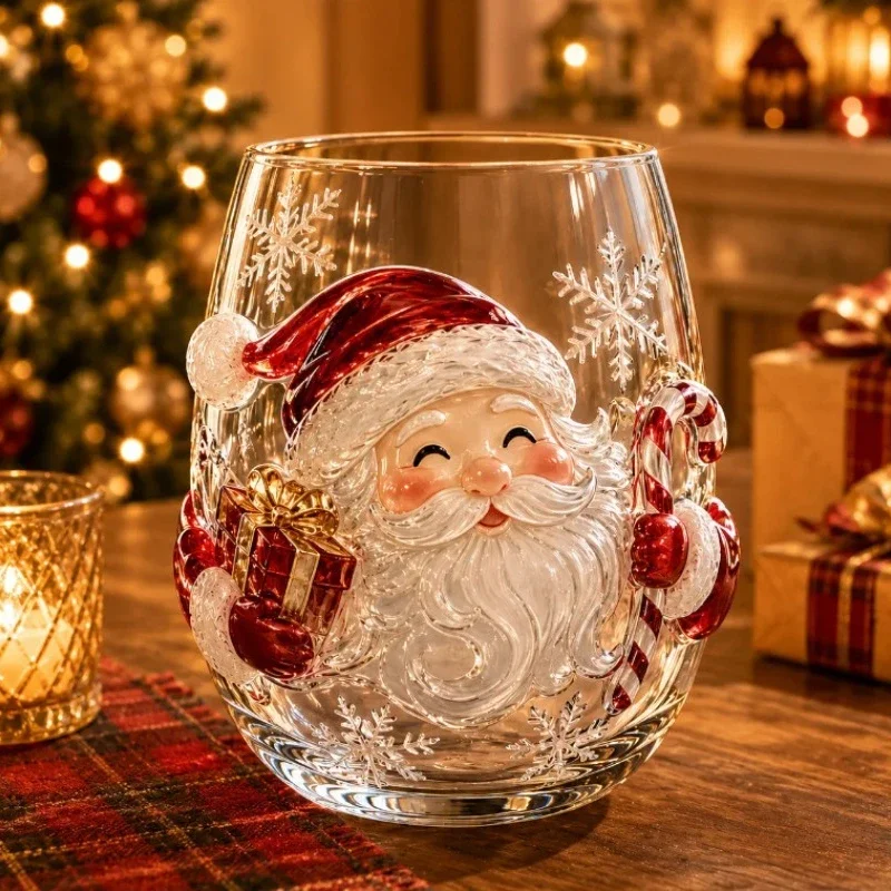 3D Christmas Glass Cup Art Luxury Raised Holiday Glassware Gift 6 Pcs,Stemless Wine Glasses Glassware for Coffee Tea Juice Milk