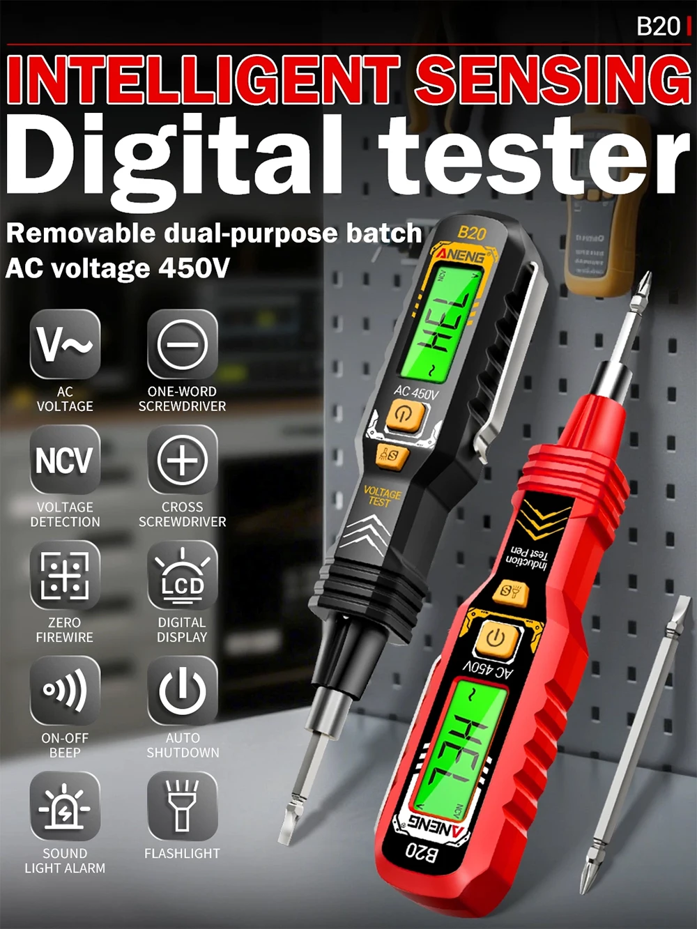 ANENG B20 Spannungsprüfer-Stift Doppelkopf-Schraubendreher Kreuzschlitz-Flachkopf-Schraubendreher Elektrischer Induktions-Schaltkreisprüfer Werkzeuge – Detail 1