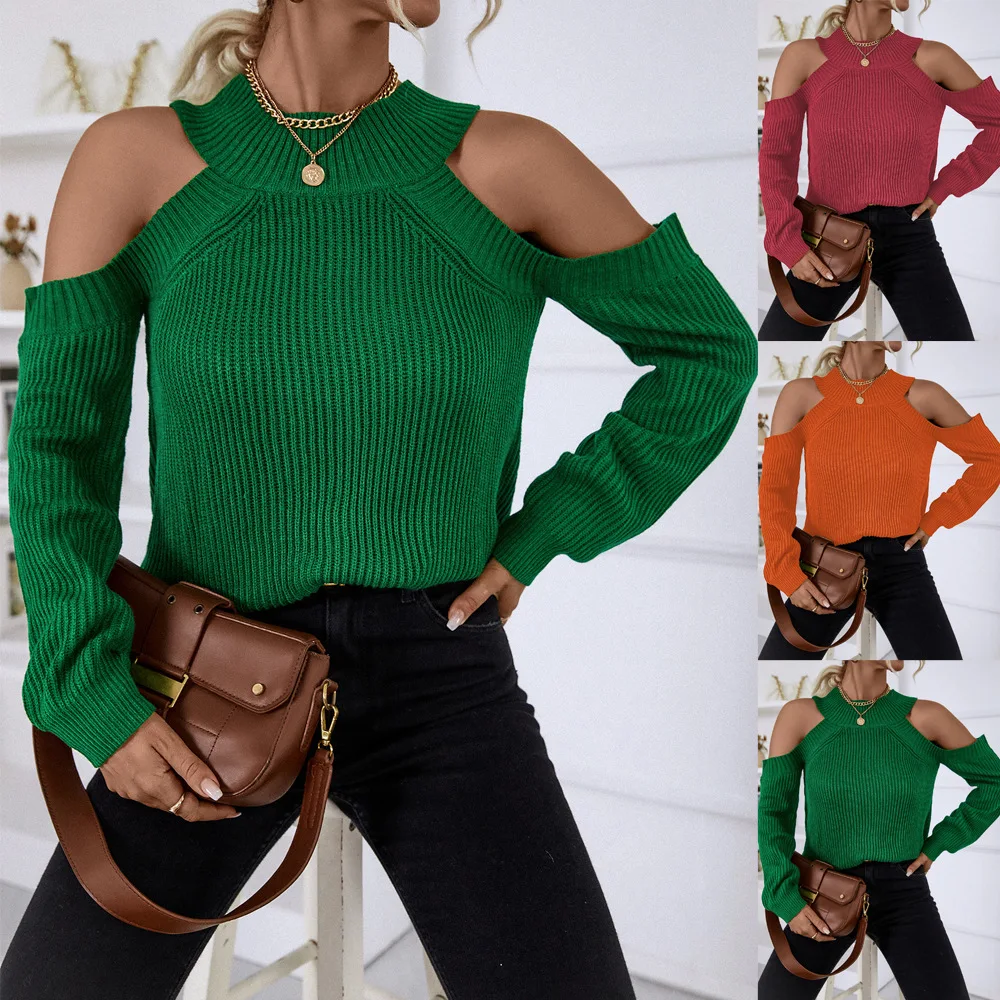 

Europe and the United States women's autumn and winter sexy strapless round neck loose casual long-sleeved sweater top coat