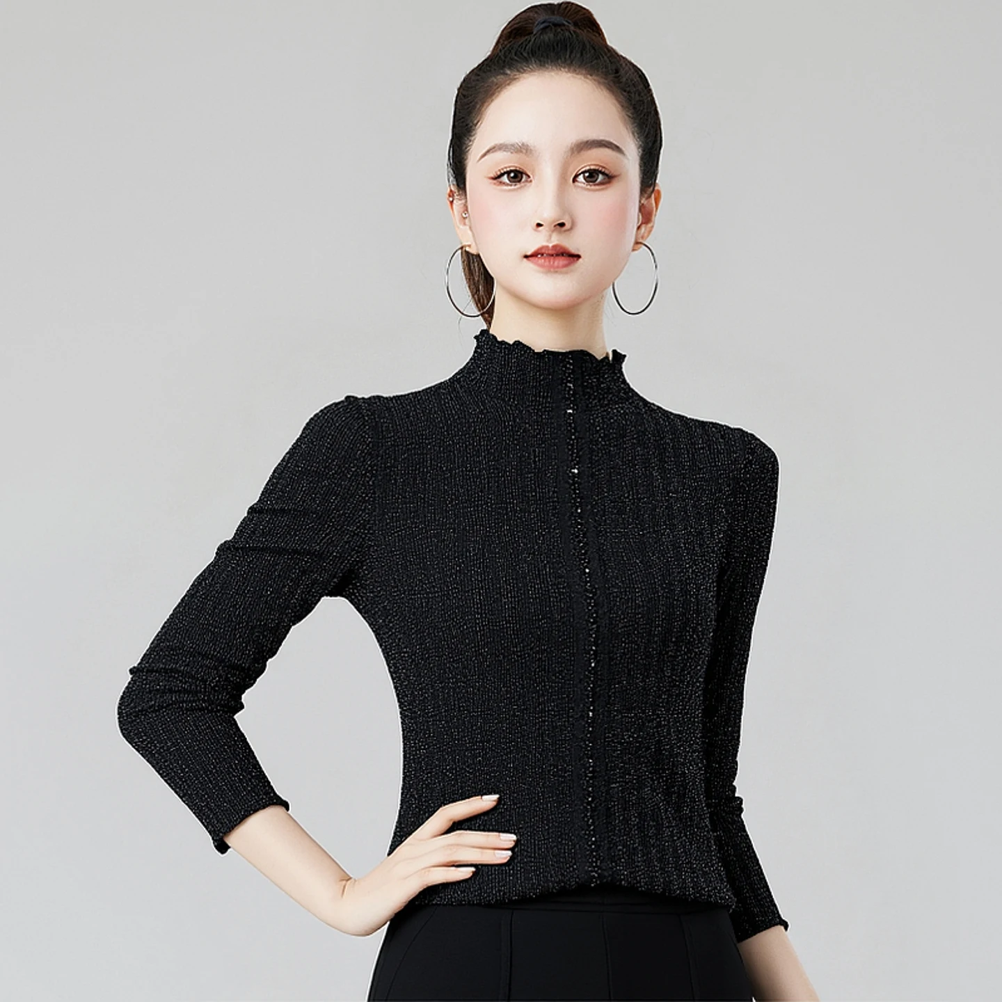 

Female Winter Clothing Women Latin Dance Long Sleeve High Neck Top Chacha Ballroom Modern Dance Practice Costumes Wear DQL12137